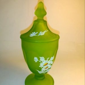 Westmorland  floral frosted green glass decanter.